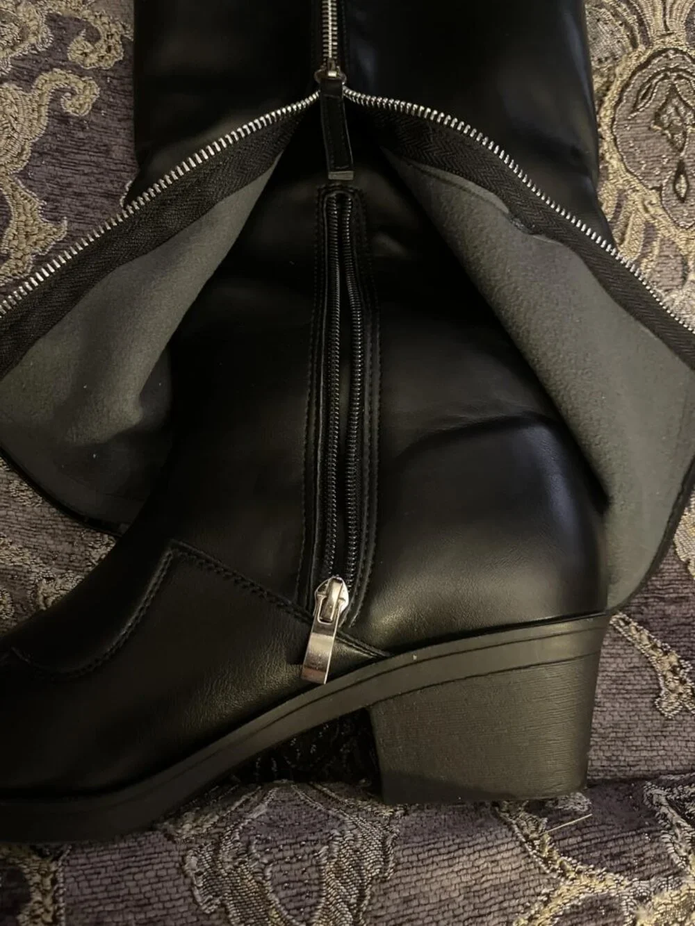 Women's Black pu Manmade Knee High Fold Over Studded Chunky Heel Shark Boots